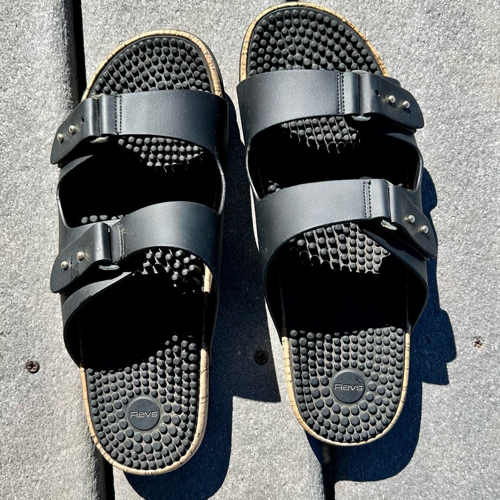 Revs Reflexology Shiel Sandal Size 41 in Black with unique brass buckle.